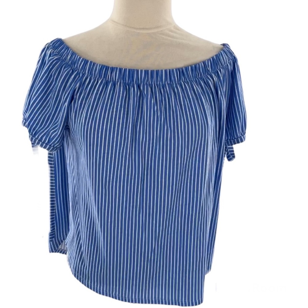 H&M Top Shirt Blouse Stripes Off the Shoulder Coastal Medium Blue White